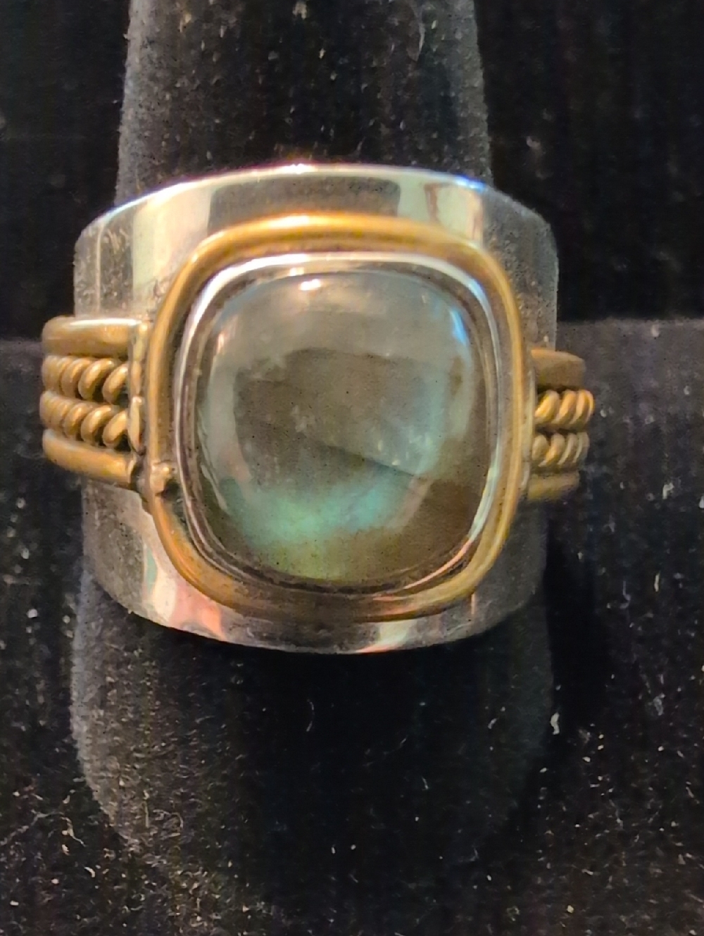 Handcrafted Labradorite and Sterling Silver Wide Band Ring - Blue-Green Stone